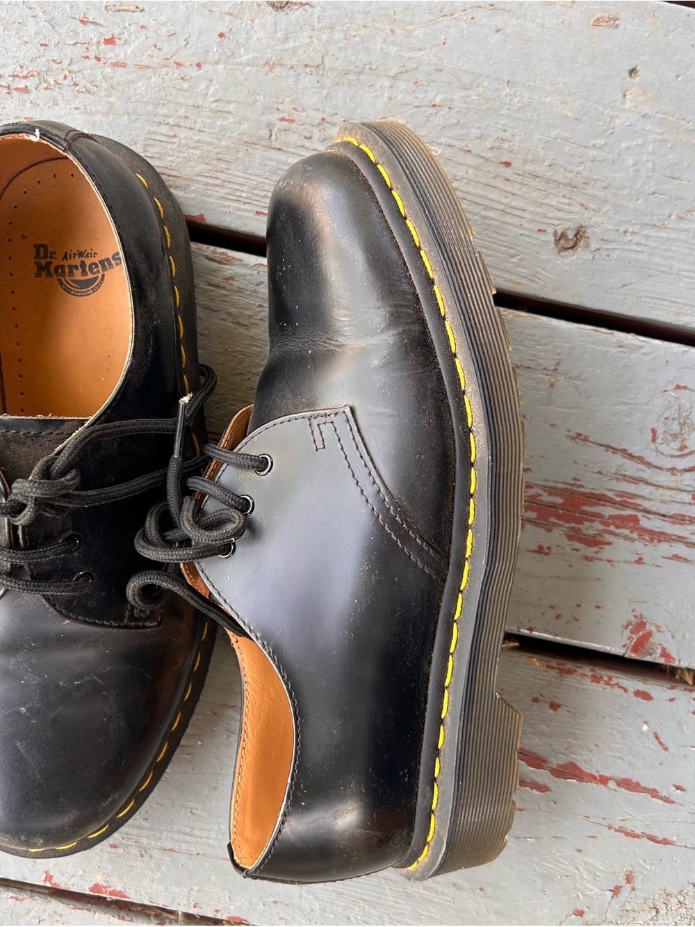 Dr. Martens Black Leather Lace-Up Flats with Yellow Stitching - Picture 5 of 6